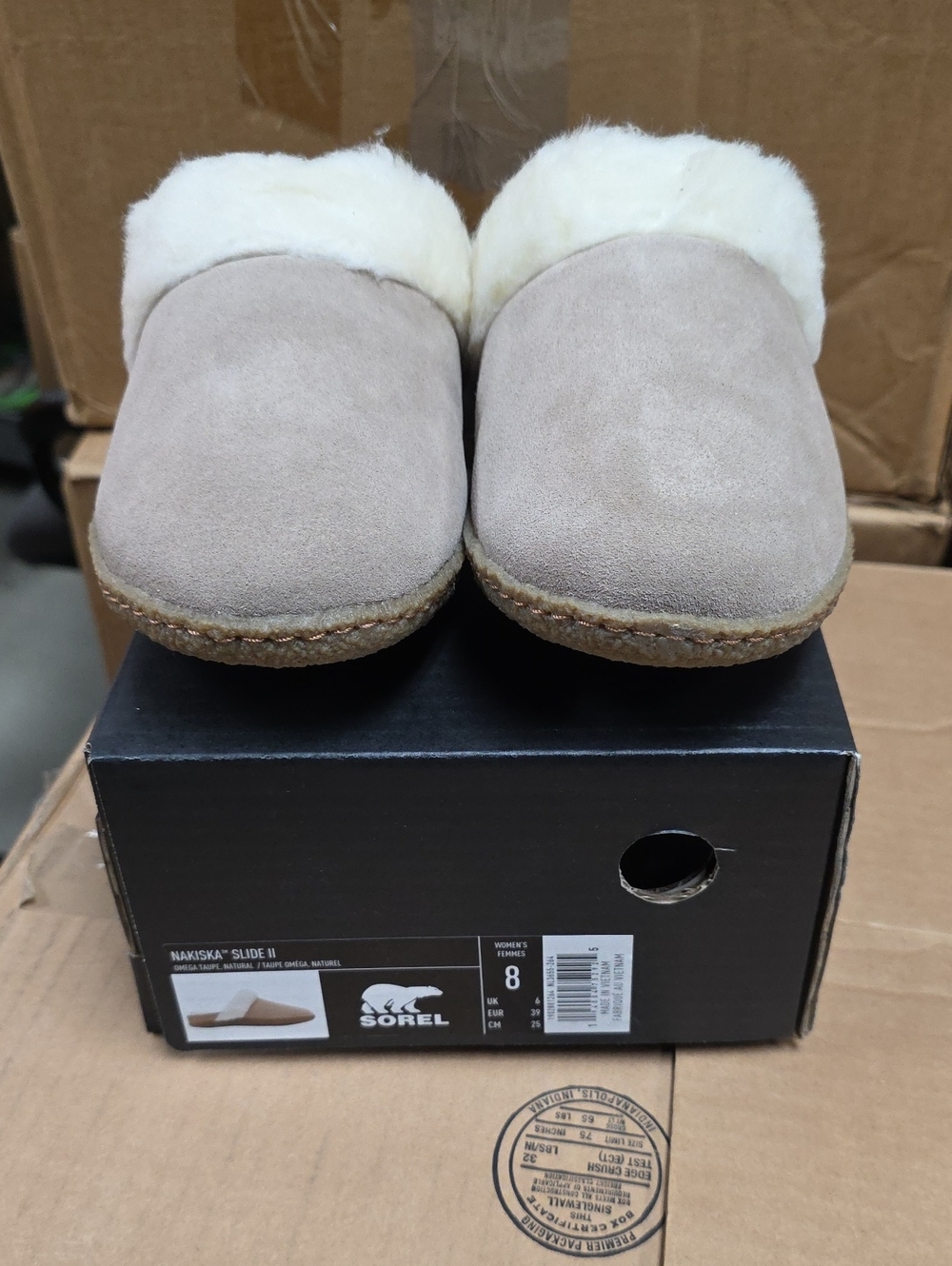 Sorel Women's Nakiska Slide II Suede Slippers in Taupe with White Shearling